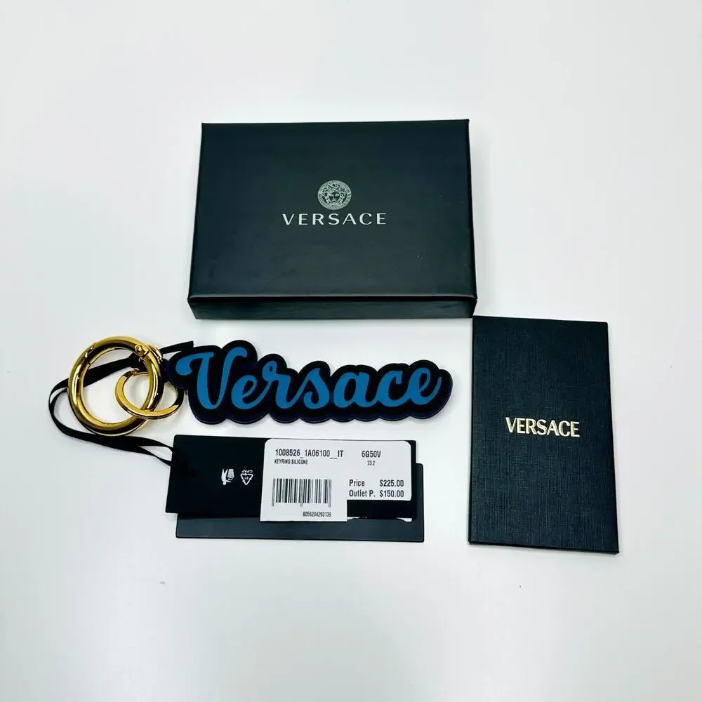 Versace Unisex Key Ring Gold Round Blue Silicone Charm Logo Key Chain NWT $225